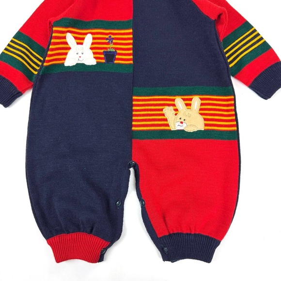 Creaciones Bony Baby Sz 12 Months One Piece Knit Sweater Outfit Bunny Navy/Red - Picture 2 of 7